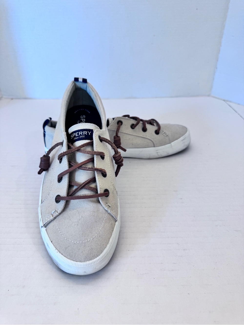 SPERRY TOP-SIDER WOMEN CREST VIBE LINEN SNEAKERS MEMORY FOAM SIZE 8.5 BEIGE